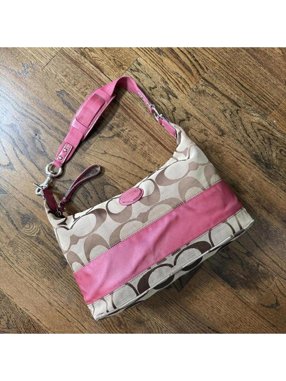 💖👜 Coach Signature Stripe Shoulder Bag Y2K Pink Canvas Purse - Picture 5 of 8